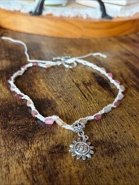 Handcrafted Pink & Cream Beaded Sun Charm Necklace